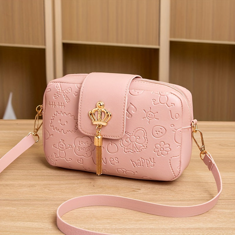 High Texture PU Crossbody Bag with Tassel Design, Zipper Closure, 5 Colors, Casual Style