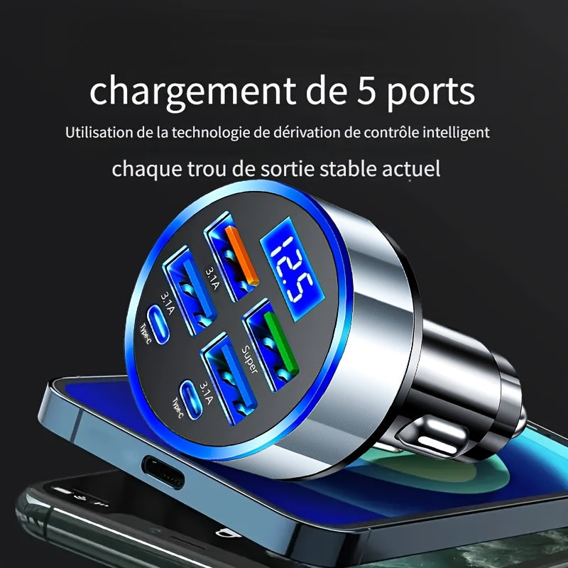 Ko‘p funksiyali avtomobil zaryadkasi 6-in-1 tez zaryadlash Ikki tomonlama Type-C raqamli displey