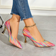 Women's Colorful Striped Pointed Toe High Heels Slip-On Party Pumps