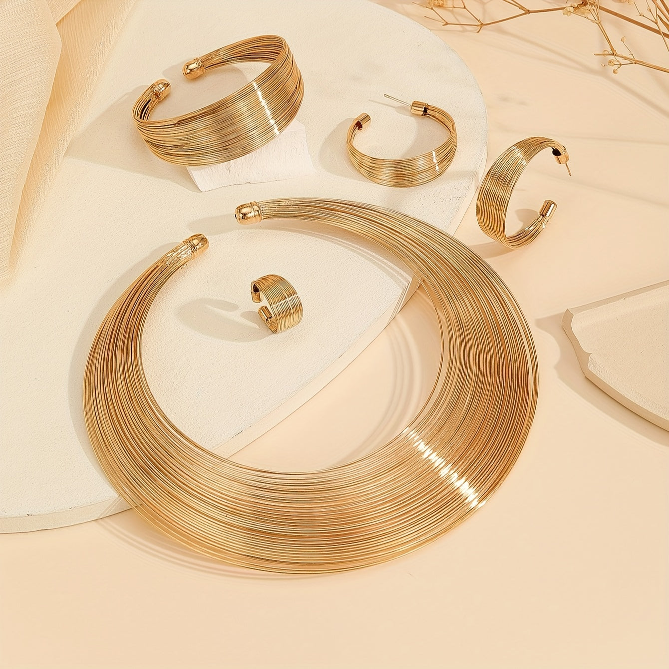 Gold Plated Jewelry Set with Necklace Bangle Earrings and Ring in Silver or Gold
