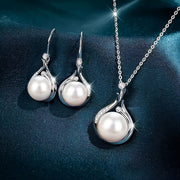 Silver-Plated Necklace and Earrings Set with Freshwater Pearls and Cubic Zirconia Jewelry for Women
