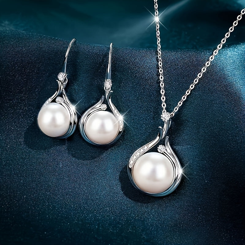 Silver-Plated Necklace and Earrings Set with Freshwater Pearls and Cubic Zirconia Jewelry for Women