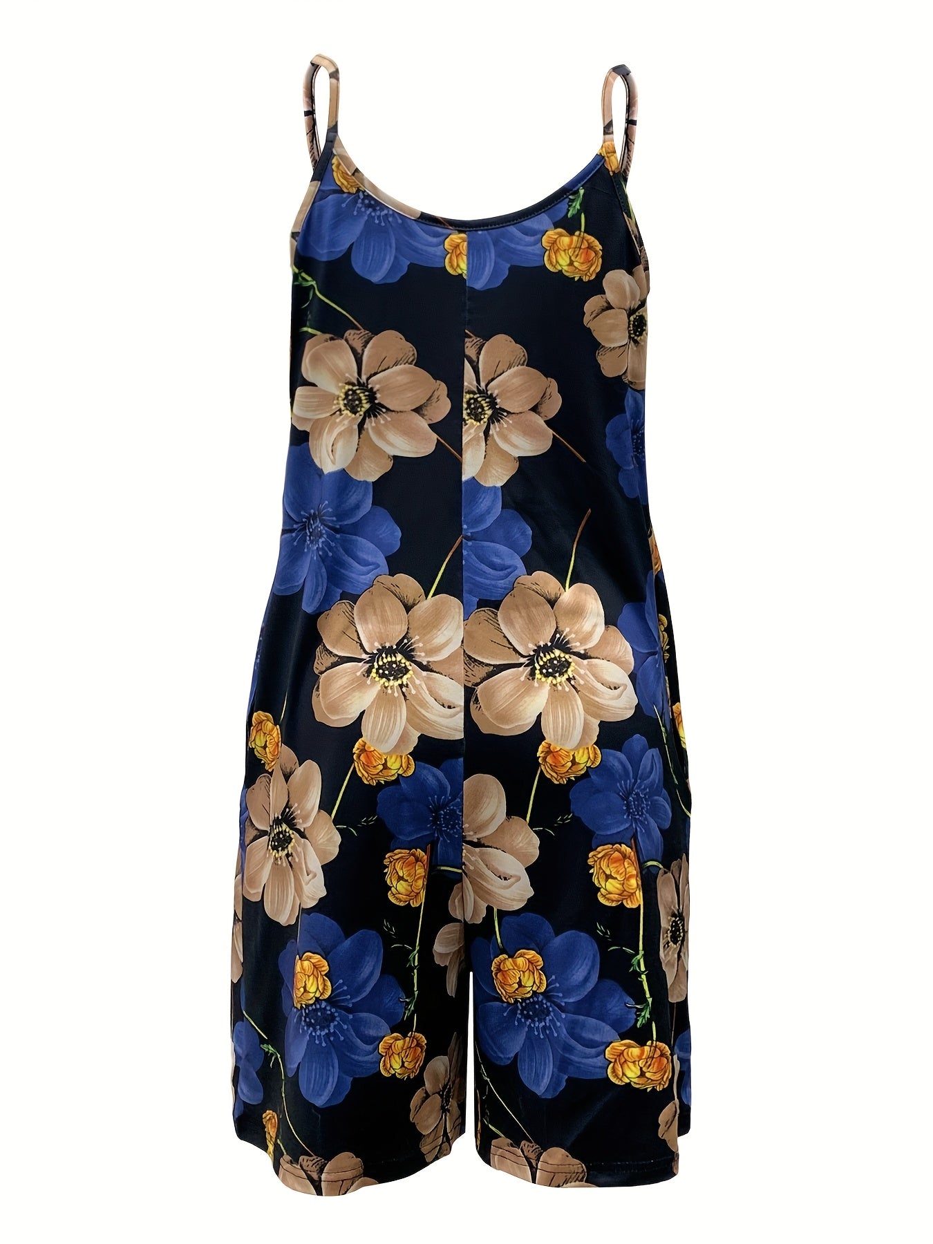 Plus Size Women's Floral Print Jumpsuit Black Blue Spaghetti Pockets Casual