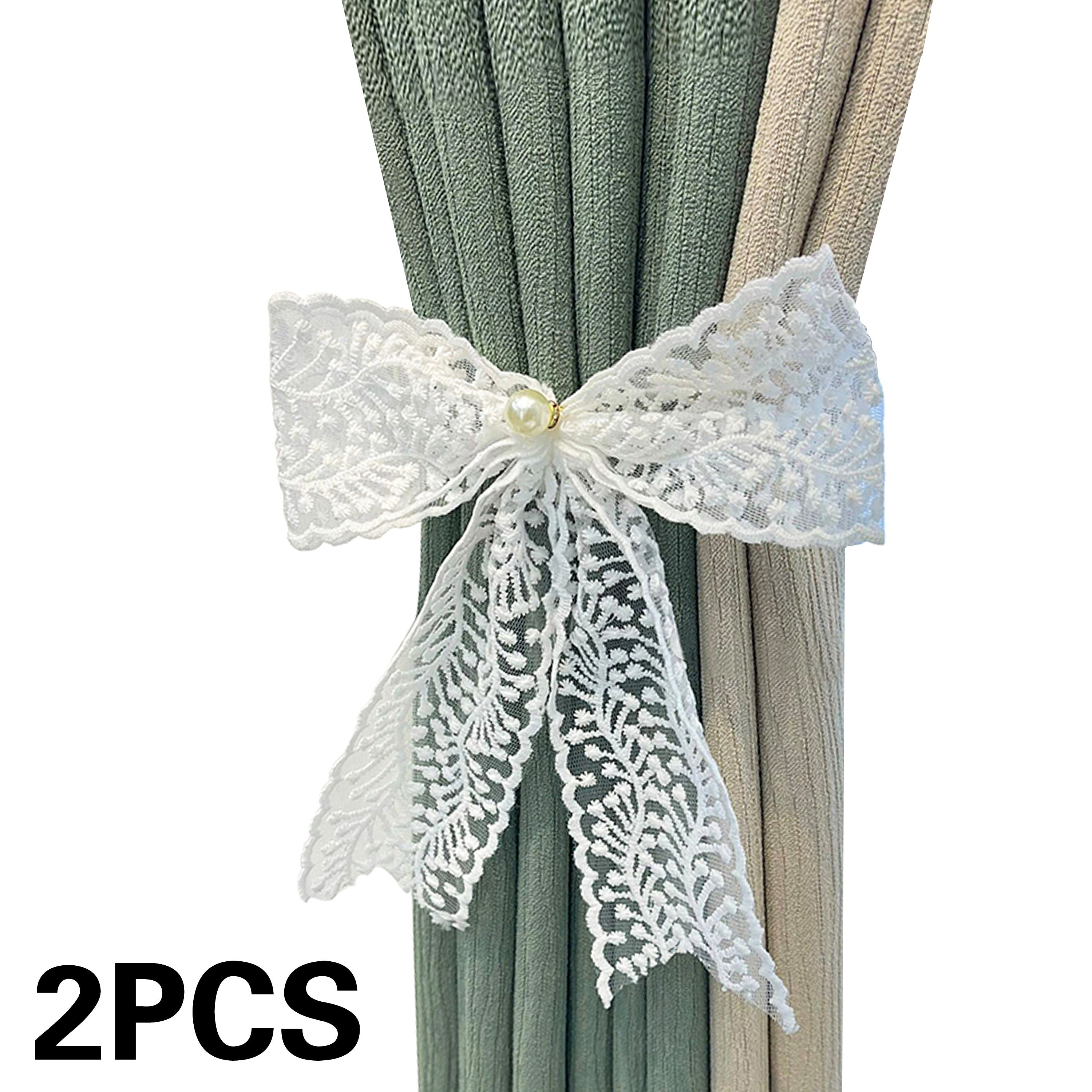 Set of 2 Lace Bow Curtain Tiebacks Adjustable Polyester Holdbacks for Heavy and Sheer Drapes