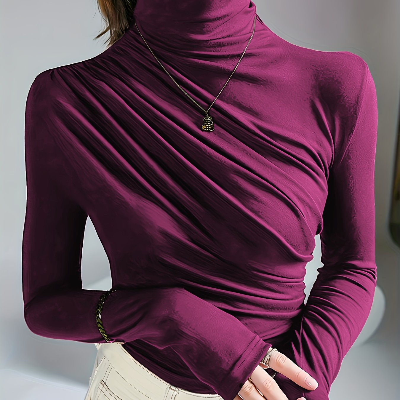 Women's Dark Brown Ruching Mock Neck Blouse with Long Sleeves and Micro Elasticity