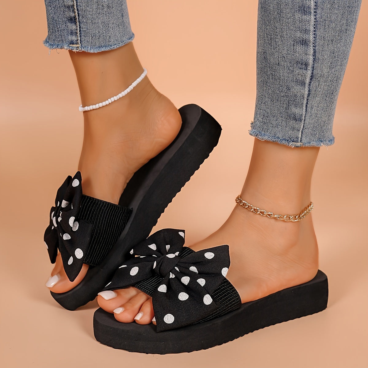 Women's Thick-Soled Floral Flip-Flops with Bow Non-Slip Beach Sandals