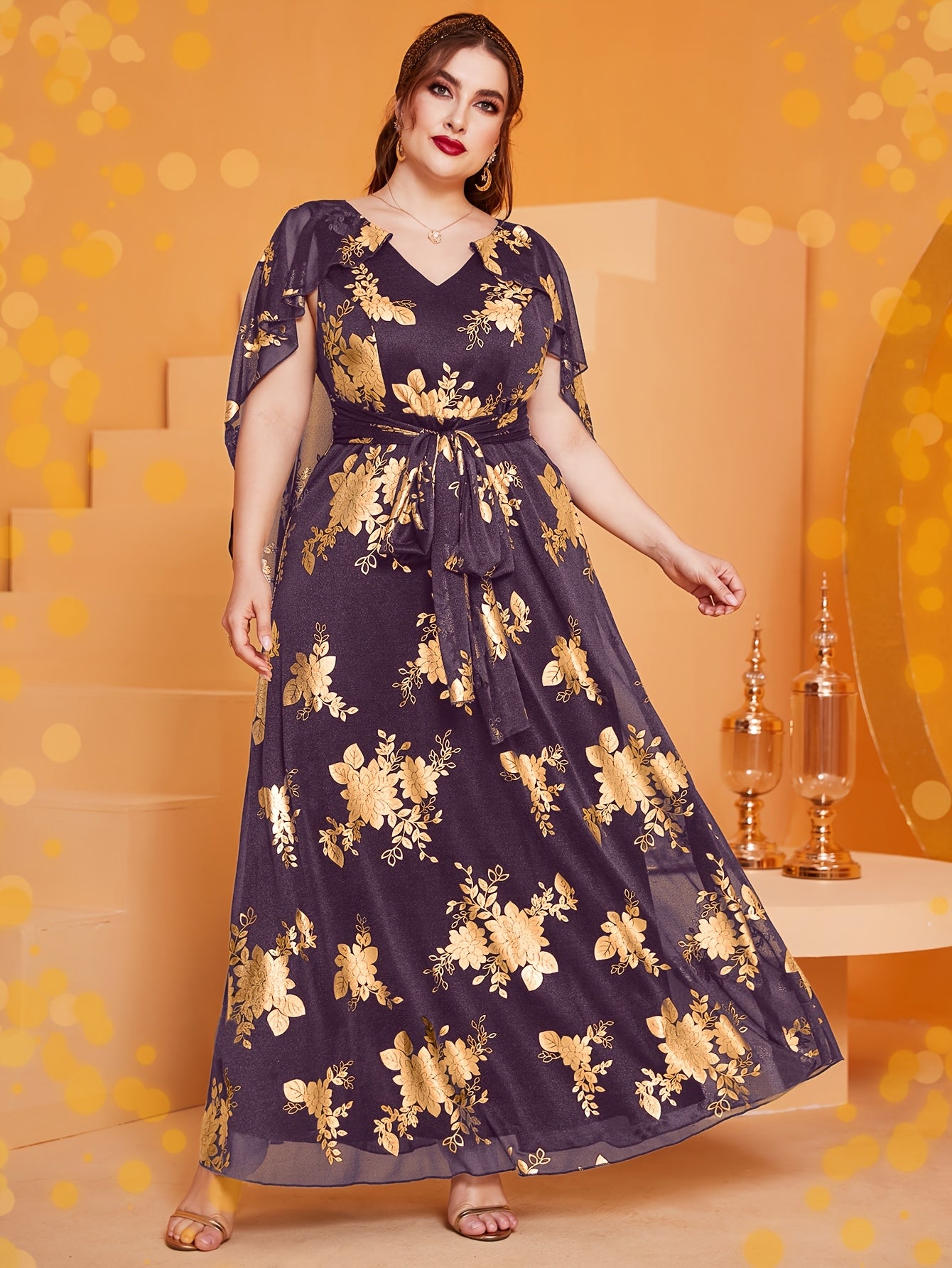 Plus Size Women's Maxi Dress V-Neck Floral Print Sleeveless Burgundy Golden All-Season Formal Evening