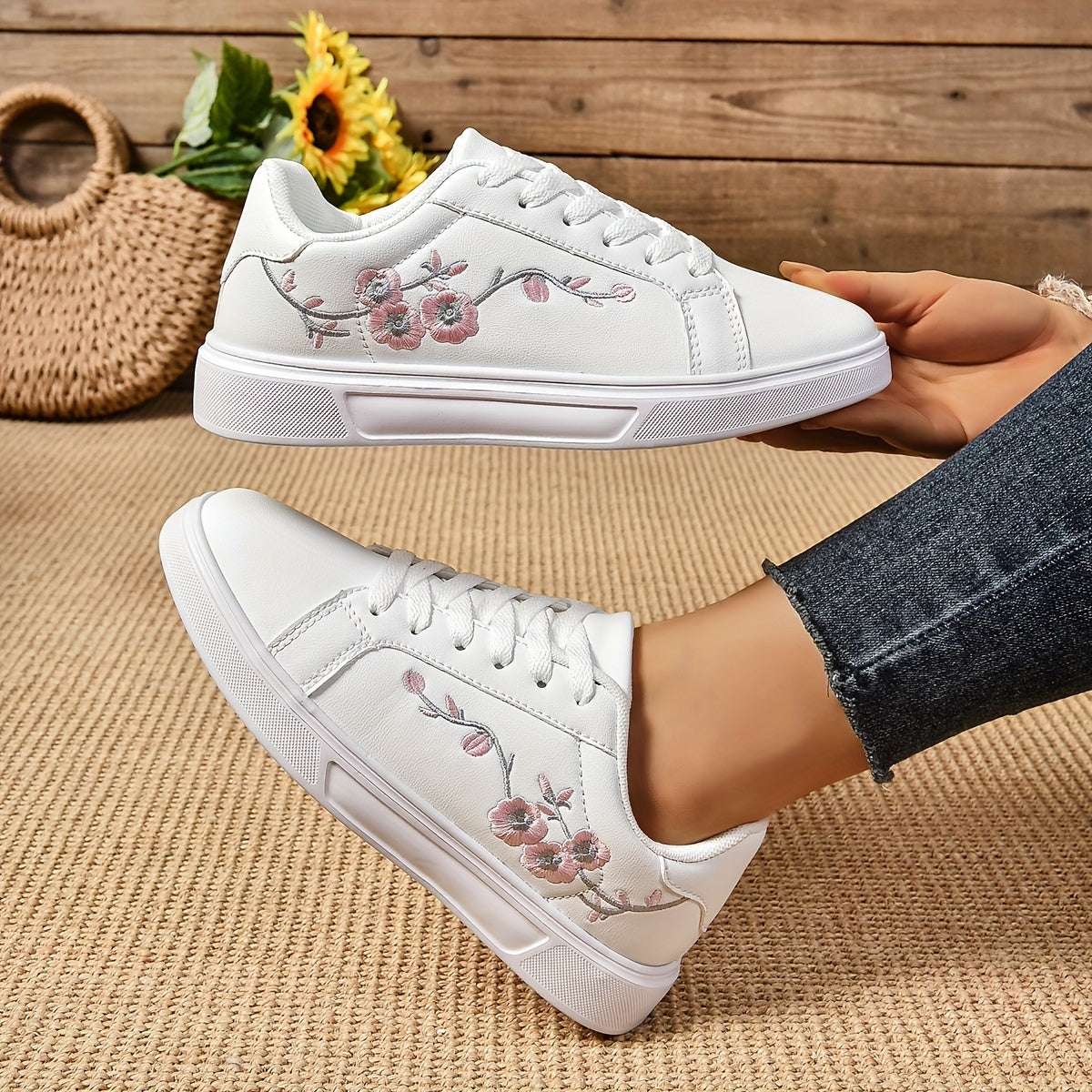 Zapatillas femeninas con bordado floral, ligeras, para todas las estaciones, de caña baja