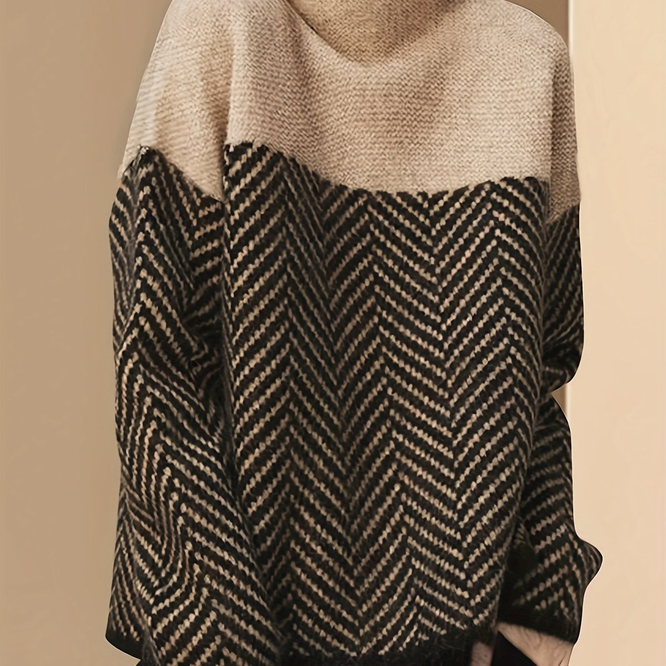 Women's Plus Size Color Block Knit Sweater Long Sleeve Pullover