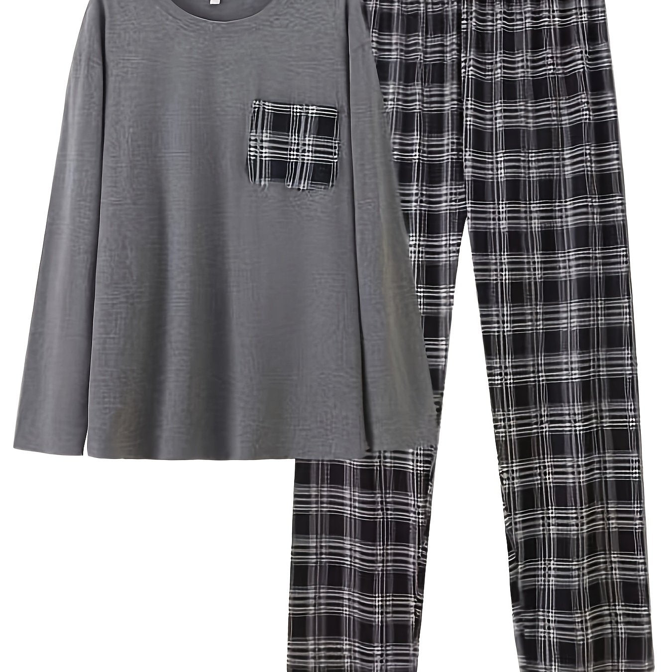 Men's Sleepwear Set Long Sleeve Crew Neck Top and Plaid Pants All-Season Knit Polyester Spandex