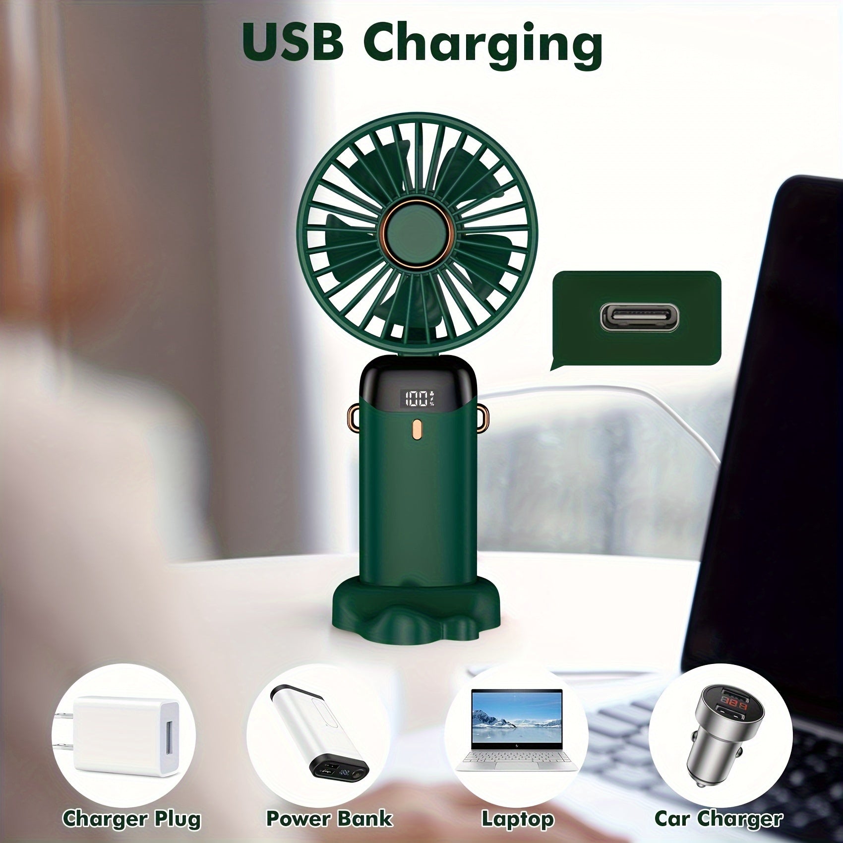 Mini Handheld Fan 5-Speed USB Rechargeable Foldable Portable Cooler Green