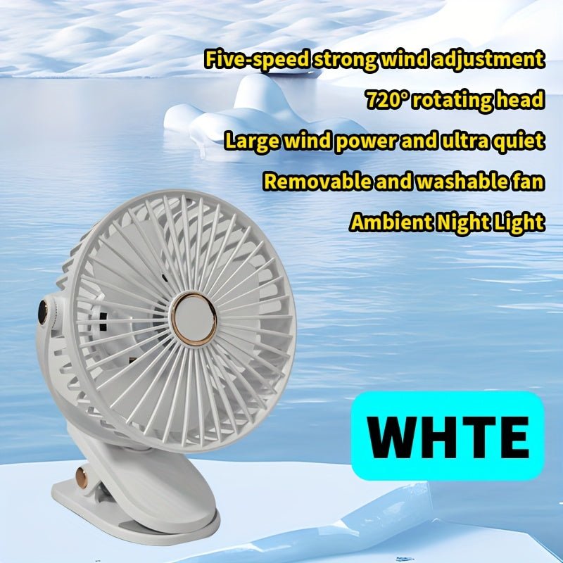 Portable USB Desk Fan with 5-Speed Adjustable, 720° Rotation, Quiet Clip Design