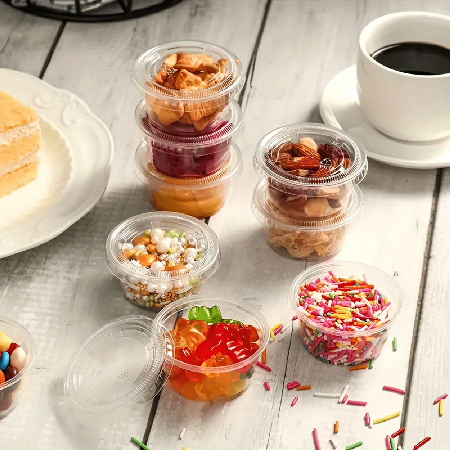 50 ta paket 2 oz plastik oziq-ovqat saqlash konteynerlari, qopqog'lari bilan, qayta ishlatiladigan dumaloq stakanlar