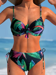 Women's Tropical Leaf Print Bikini Set High-Stretch Nylon Adjustable Side-Tie Bottoms