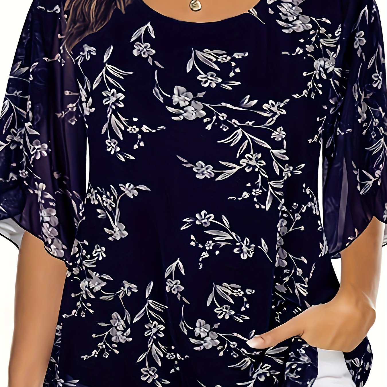 Black Floral Chiffon Blouse with Ruffle Sleeves for Summer Women’s Semi-Sheer Top