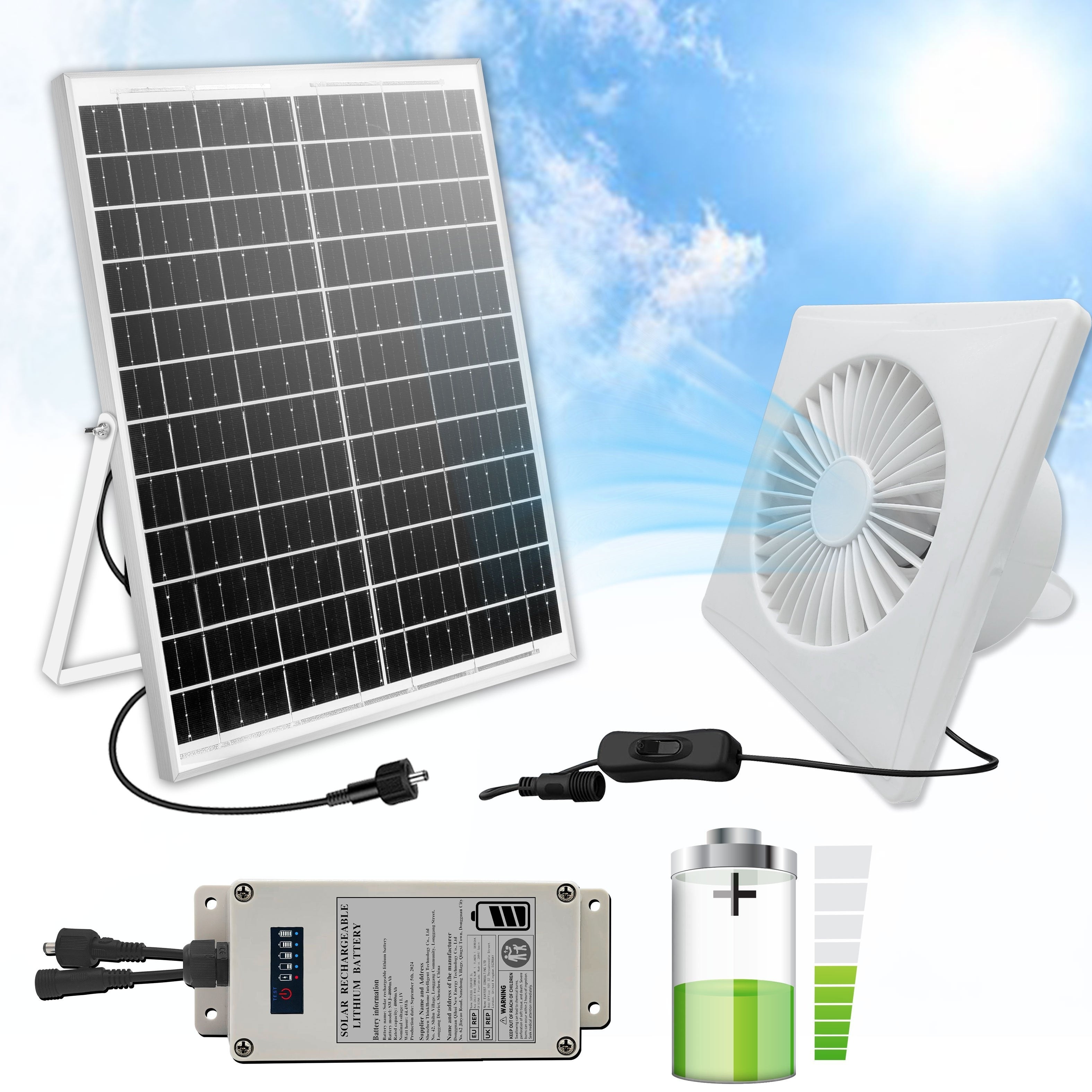 25W Вентилятор с солнечной батареей на 4000 мАч для теплиц, сараев, курятников, домиков для животных
