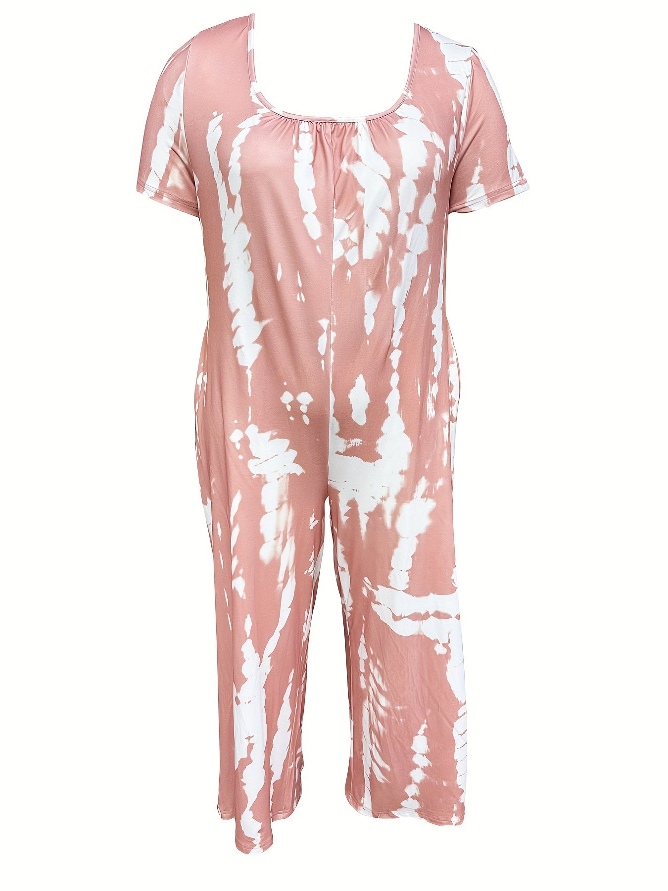 Plus Size Stripes Print Crew Neck Jumpsuit Casual Short Sleeve Loose Pockets