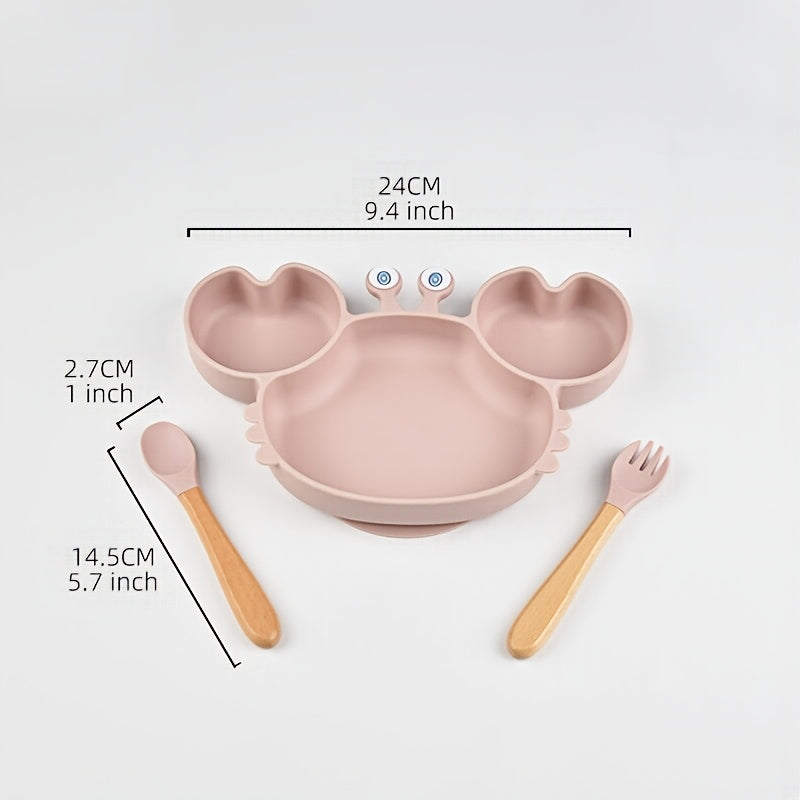 Silicone Toddler Tableware Set Non-Slip Crab Design Dinner Plate Spoons for Ages 0-3