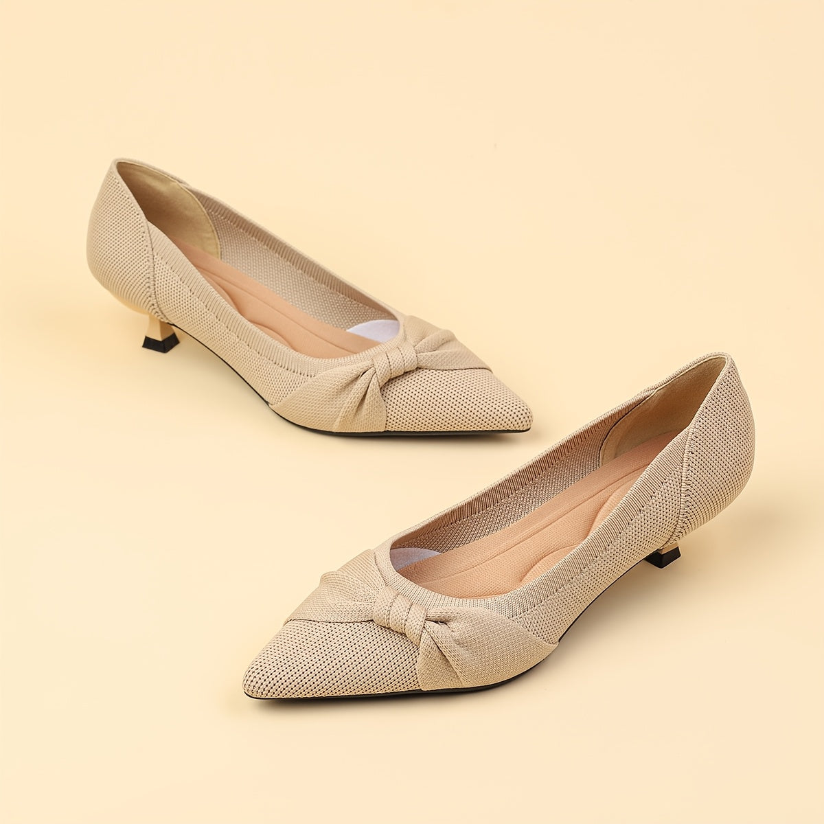 Women's Black Knit Slip-On Pumps with Pointed Toe and Bow Detail