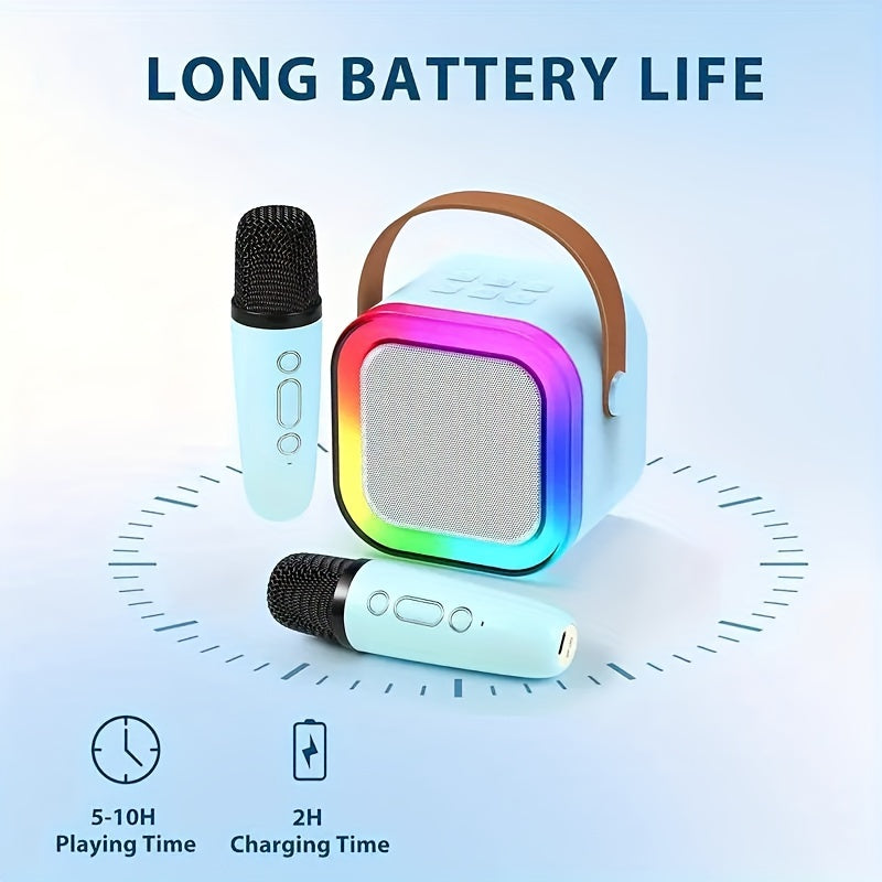 Portativ simsiz karaoke dinamik va mikrofon to'plami, qayta zaryadlanadigan va rang-barang kattalar tug'ilgan kuni partiyalari uchun. Uy karaoke tizimlari uchun ideal, zamonaviy mikrofon uslubi va Type-C bilan.