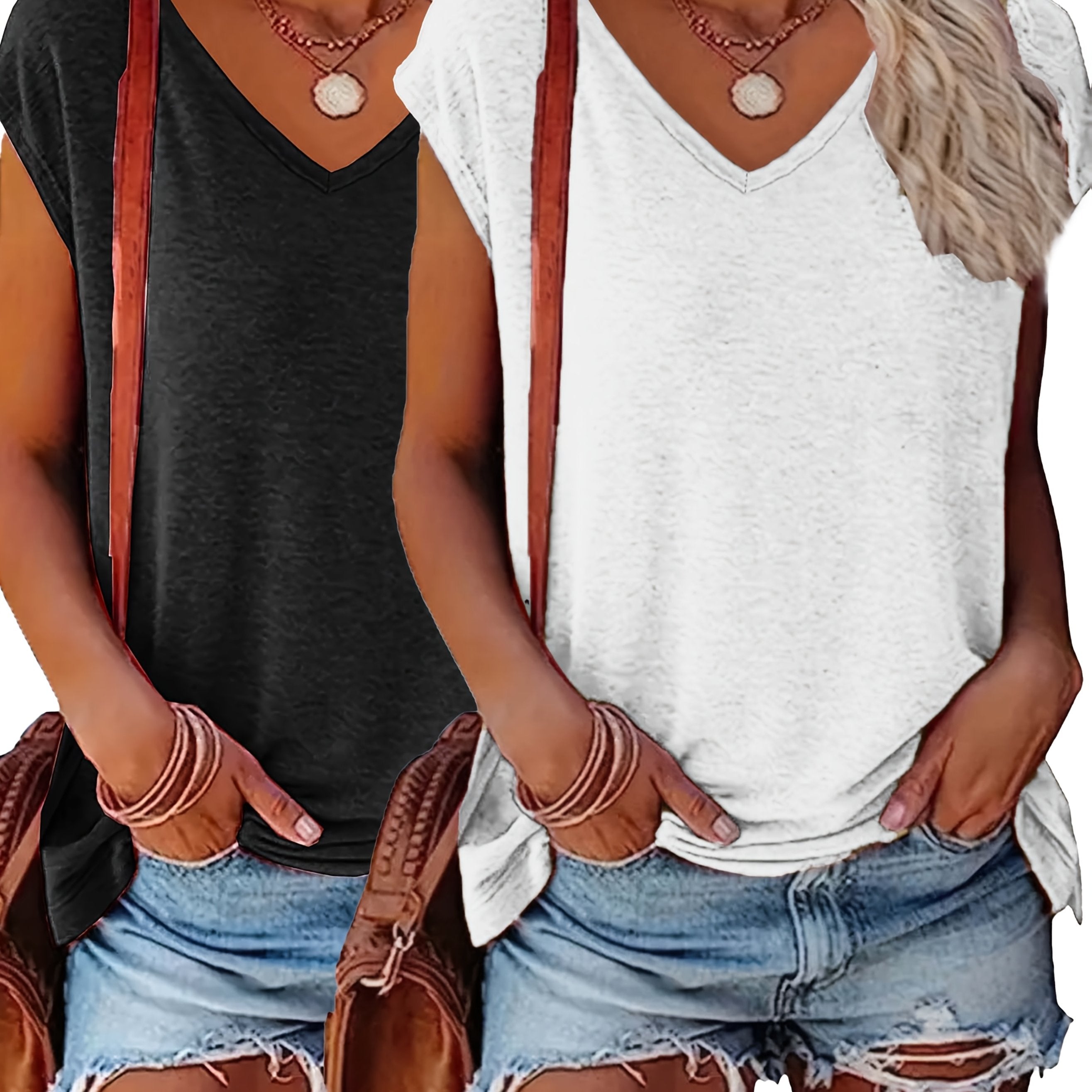 Женские футболки с V-образным вырезом, 2 шт., короткий рукав, летние топы, черный и белый