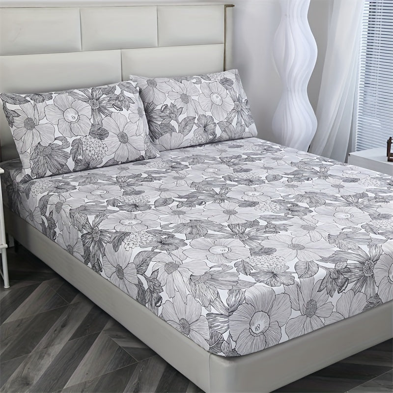 3-Piece Polyester Fitted Sheet Set with Flower Pattern for Home and Hotel Use