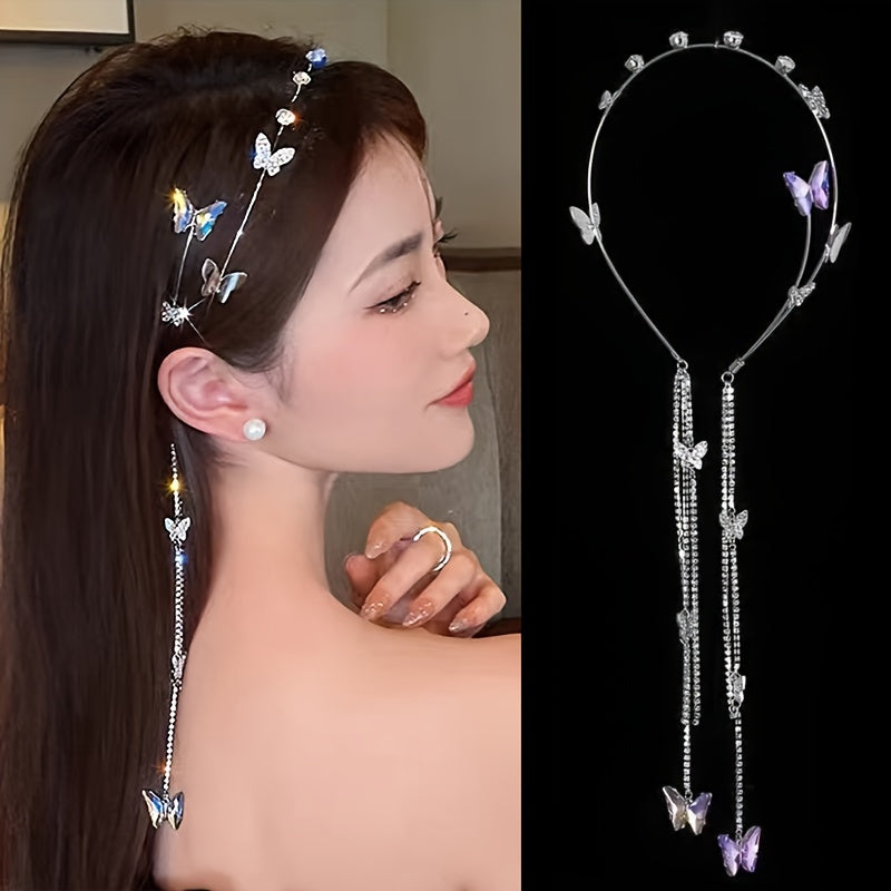Women Tassel Butterfly Hairband with Rhinestone Bow and Faux Earrings