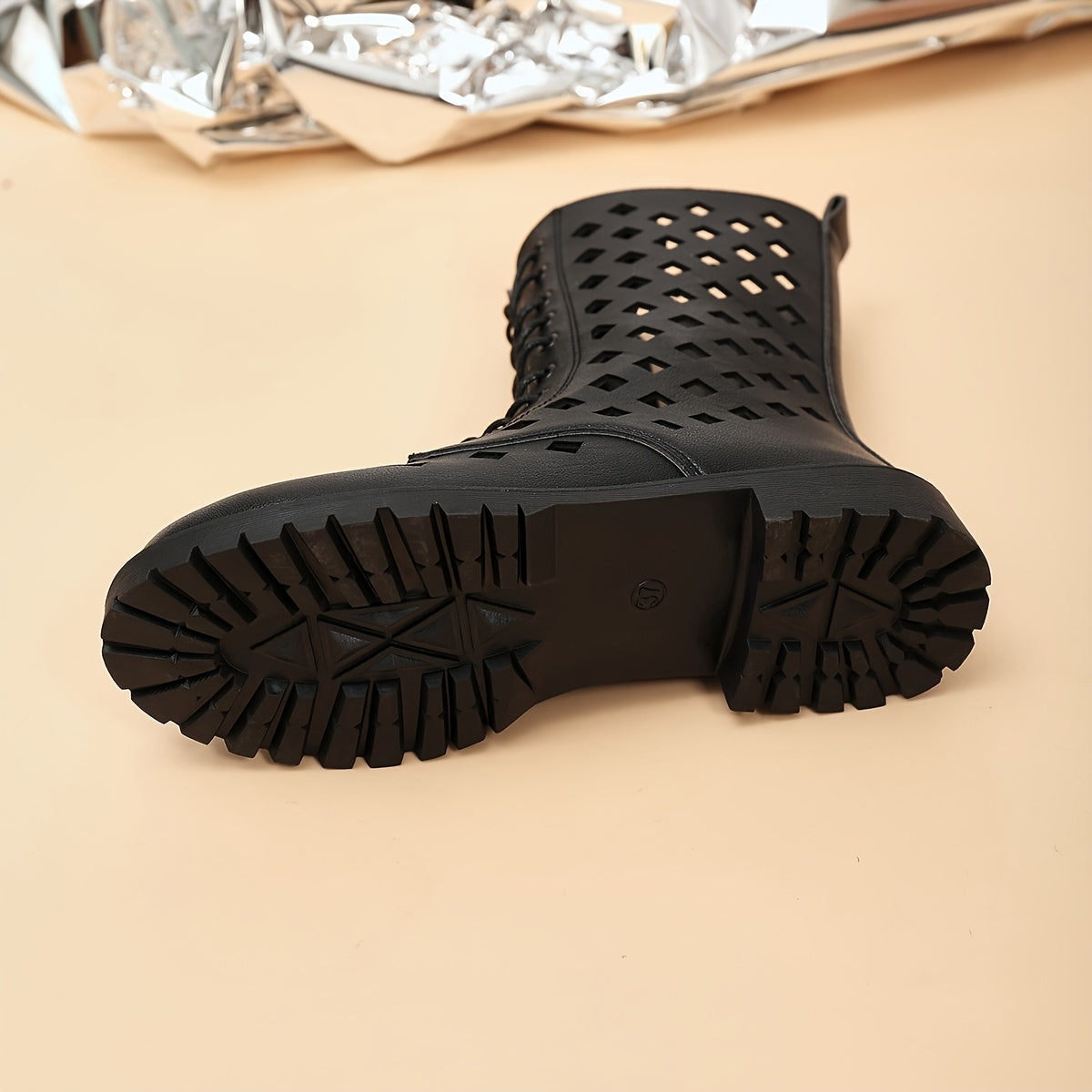 Women's Black Synthetic Mid-Calf Lace-Up Combat Boots with Side Zipper