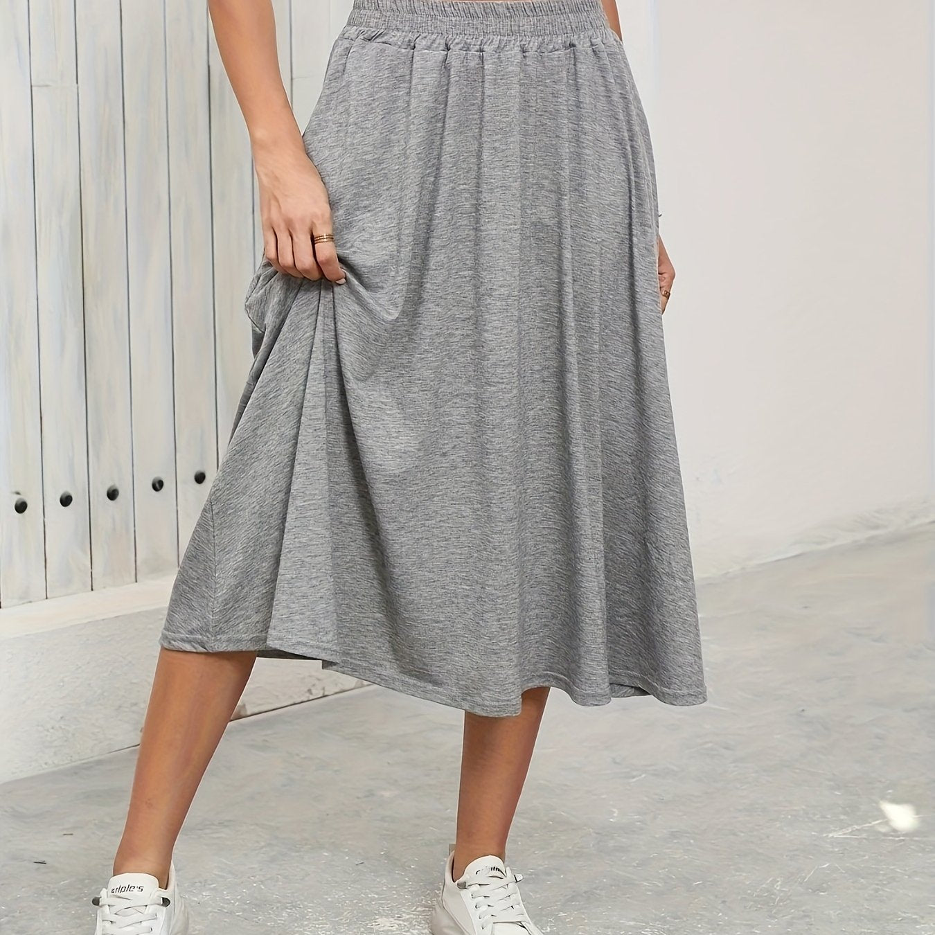 Plus Size Women's High-Waisted Flared Skirt Black Stretchy Spring Summer Fall