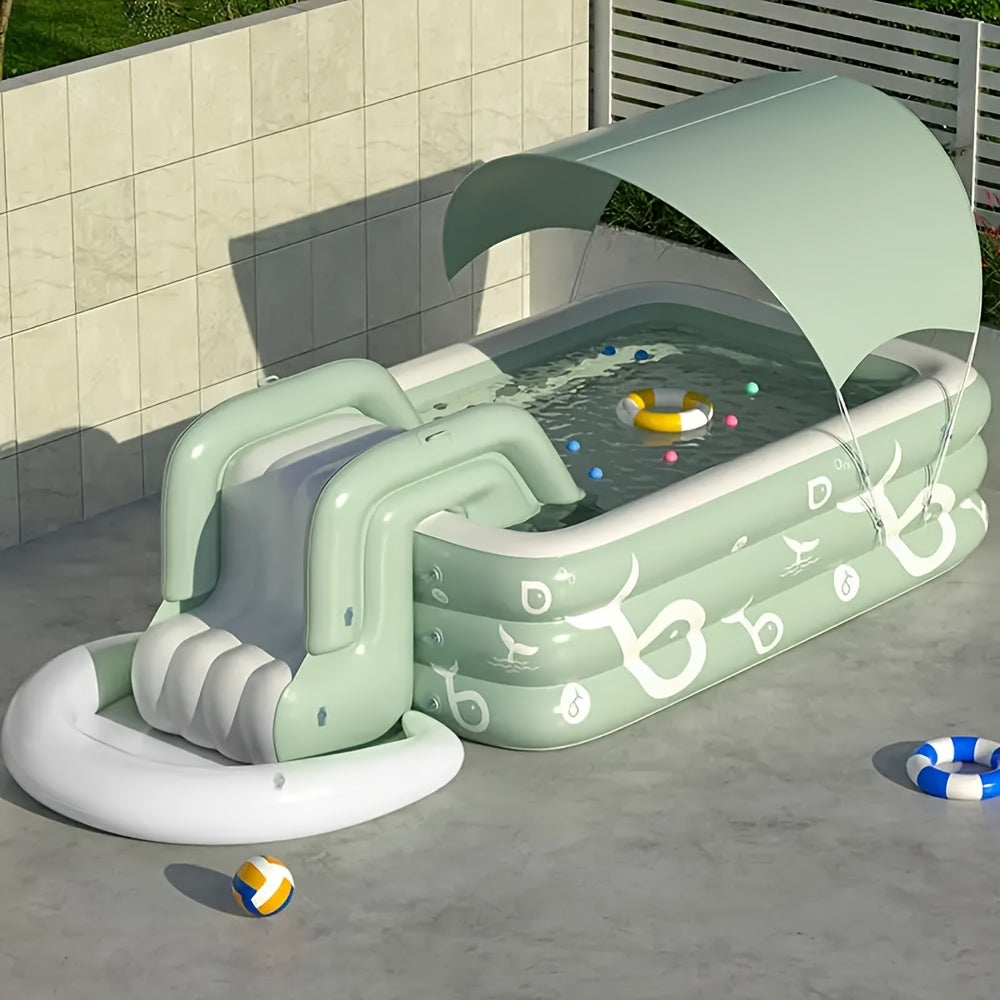 Inflatable Family Pool with Sunshade Slide and Foot Pump