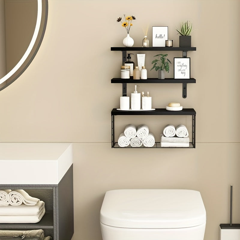 Wooden Bathroom Storage Rack with Paper Towel and Toilet Paper Baskets
