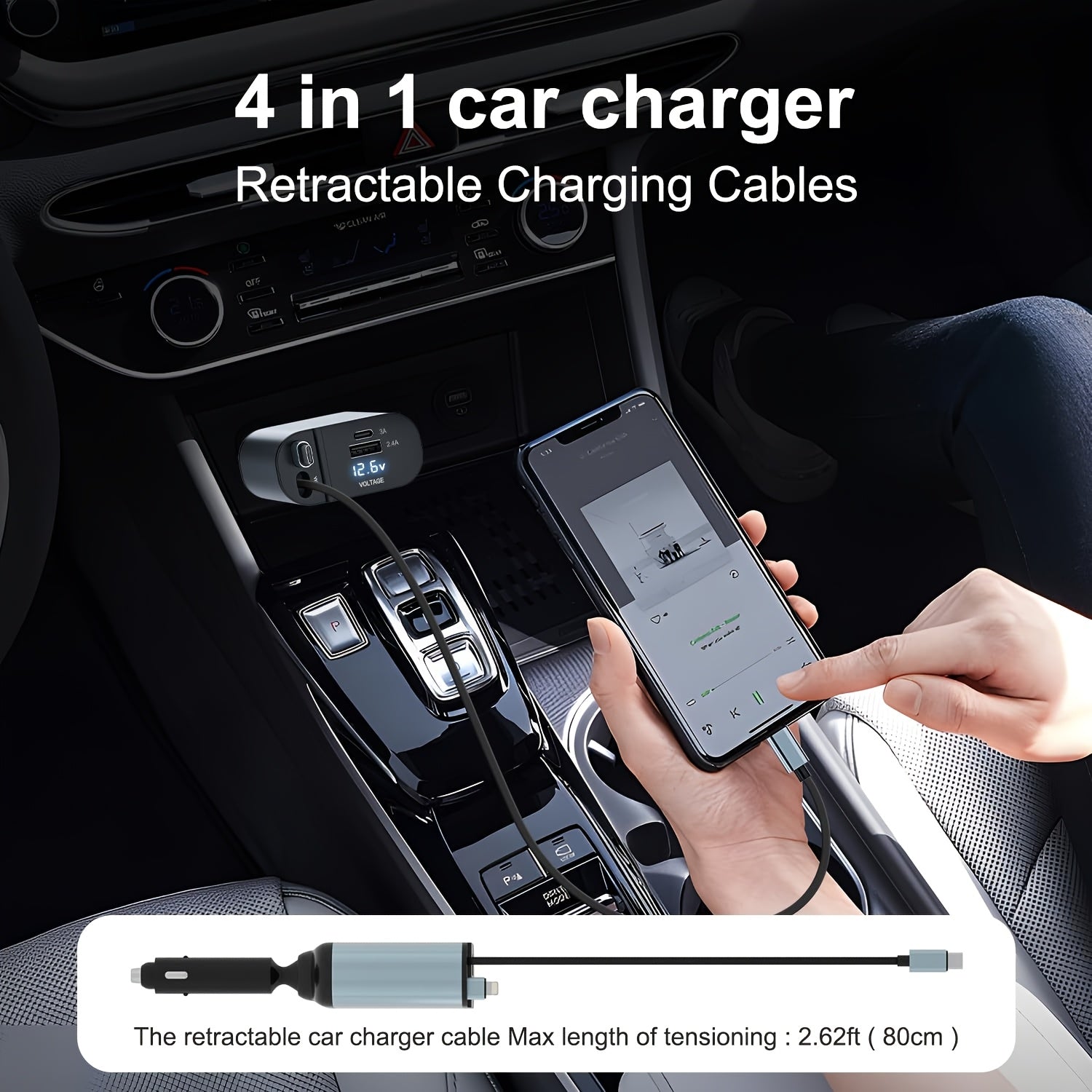 Universal Retractable 66W 4-In-1 Fast Car Charger with USB Ports