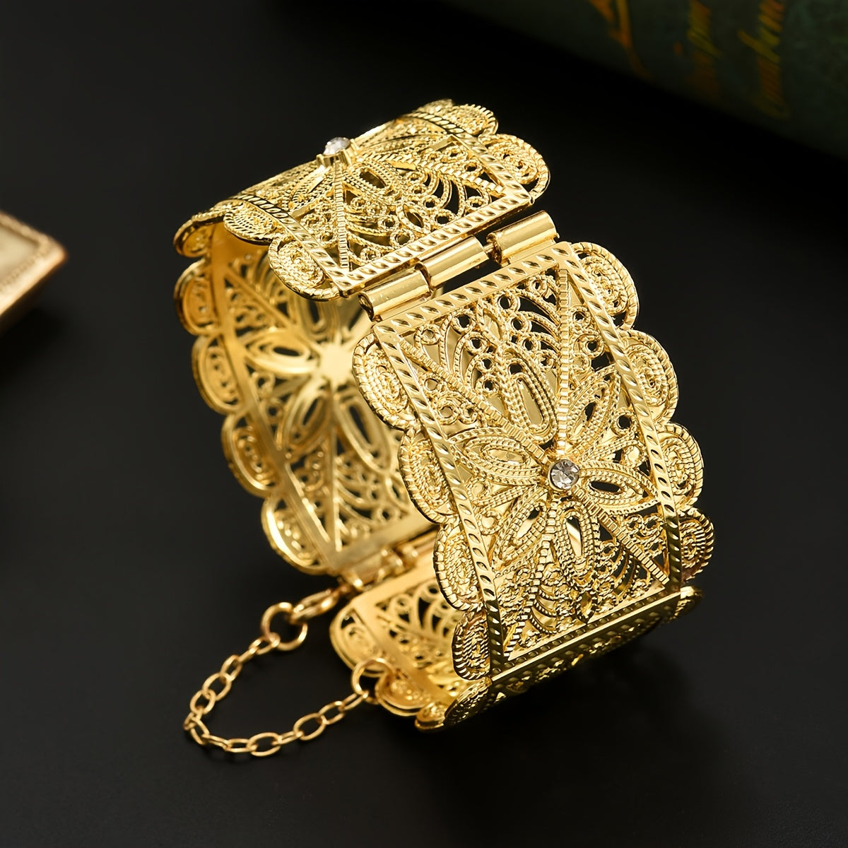 Gold-Tone Bridal Bangle with Floral Engraving Wide Design for Weddings and Special Occasions