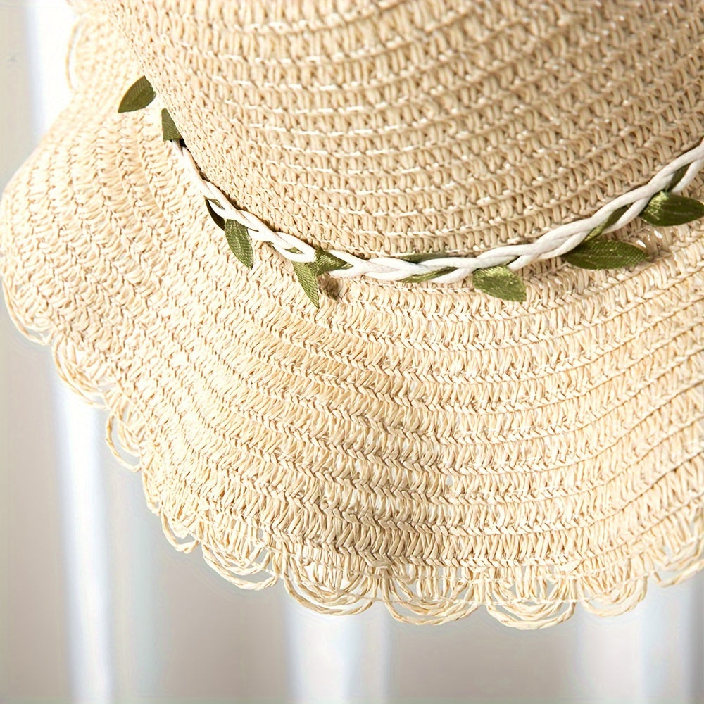 Girls' Straw Hat Set with Flower Decoration and UV Protection for Summer Beach Vacation