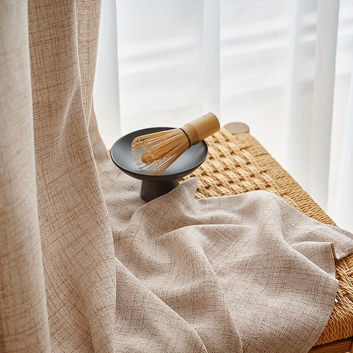 Two Pieces Japanese-Style Light Brown Hemp Curtains with Rods for Living Room and Bedroom