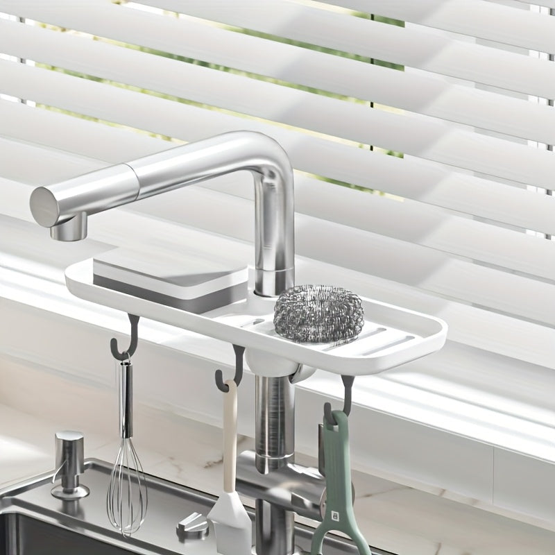 Contemporary Plastic Over-the-Sink Kitchen Faucet Caddy Organizer with Shelf and Hooks