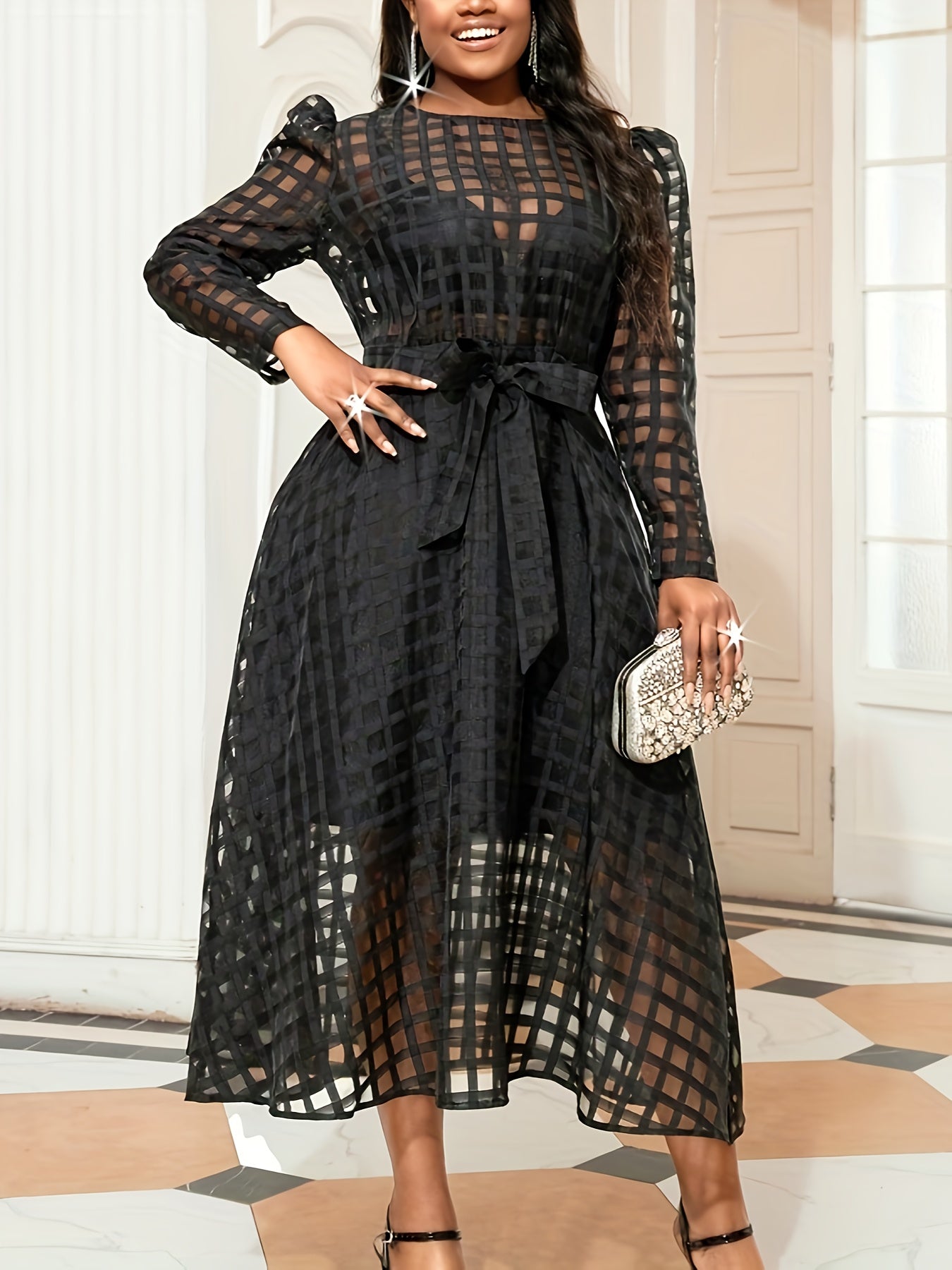 Plus Size Women's Black Grid Pattern Midi Dress With Belt Long Sleeve Flared Skirt