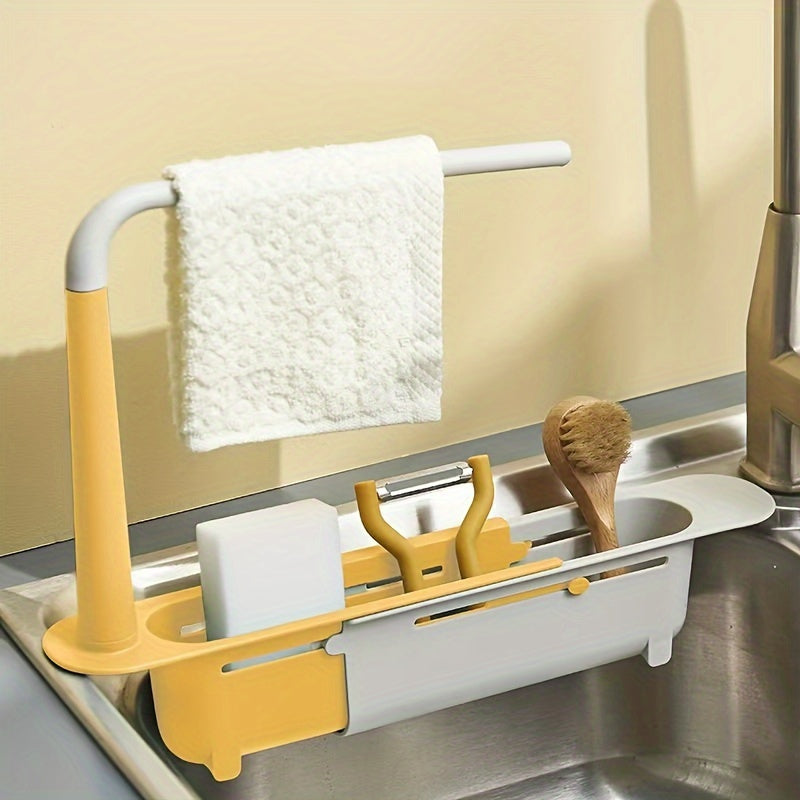Organizador de fregadero de cocina de plástico con cesta de drenaje ajustable y soporte para paños