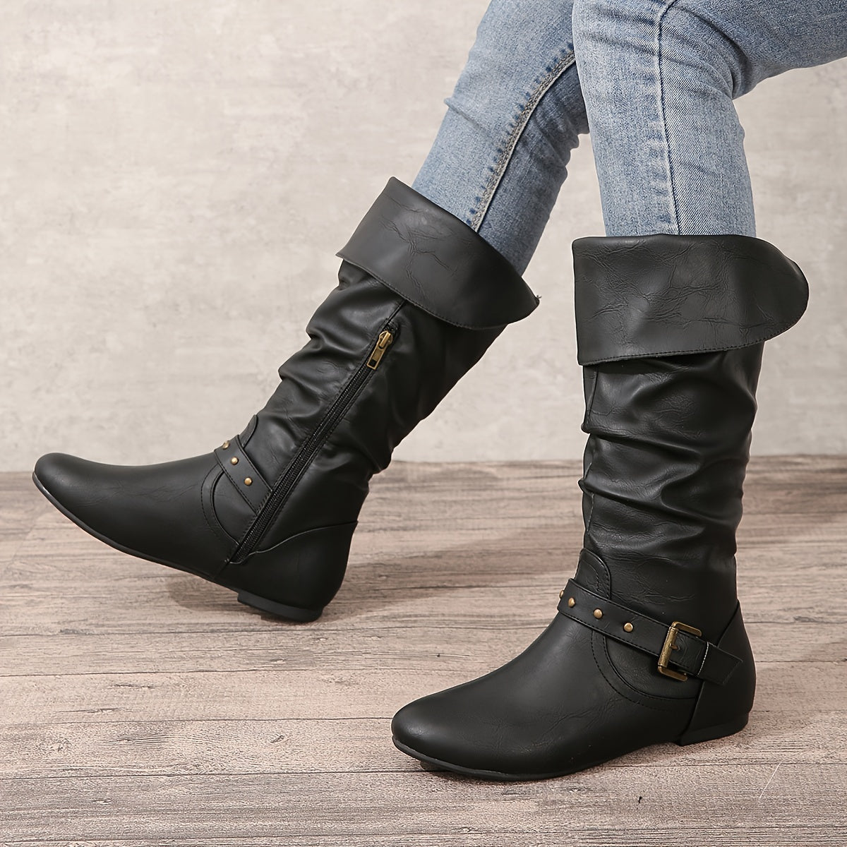 Women's Pleated Leather Knee High Western Boots with Buckle Strap