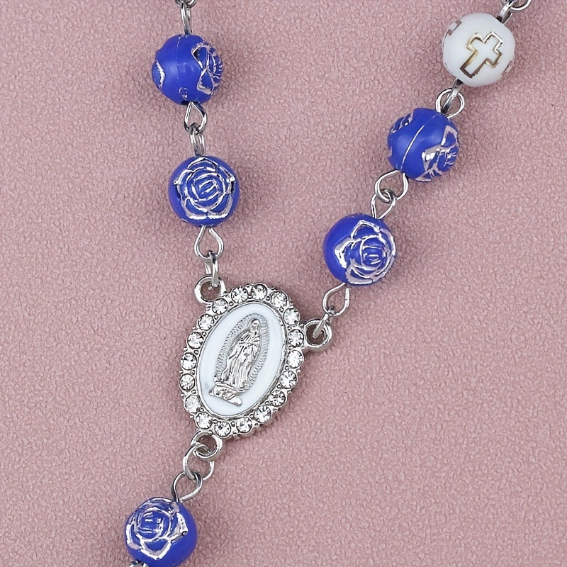 Car Rearview Mirror Beaded Rosary Cross Charm Faux Pearl Alloy Decoration