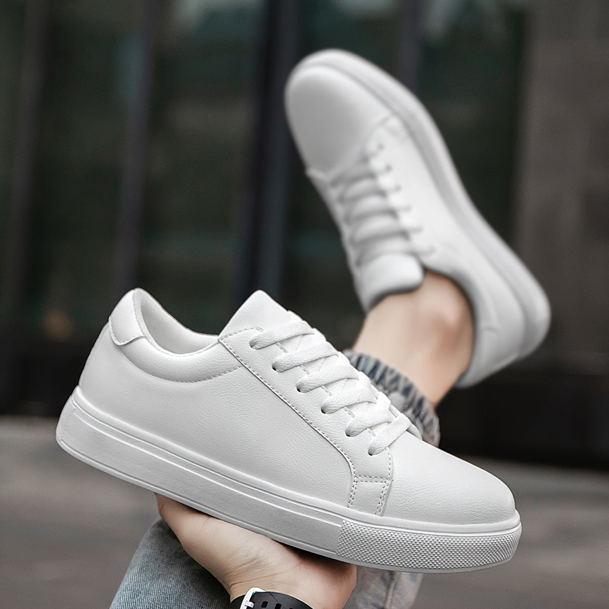 Men's All-Season Solid PU Leather Casual Sneakers for Outdoor Walking