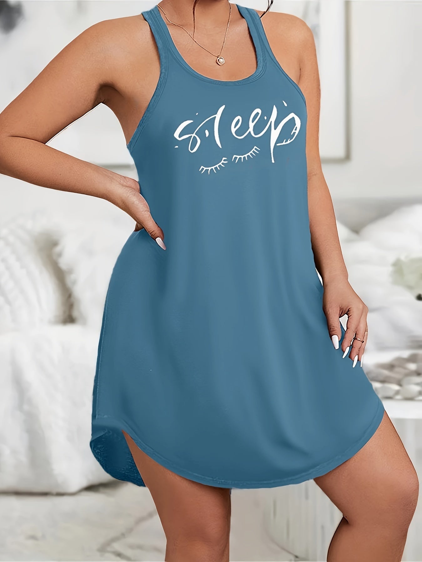 Plus Size Loungewear Dress with Scoop Neck Racer Back Eyelash and Letter Print