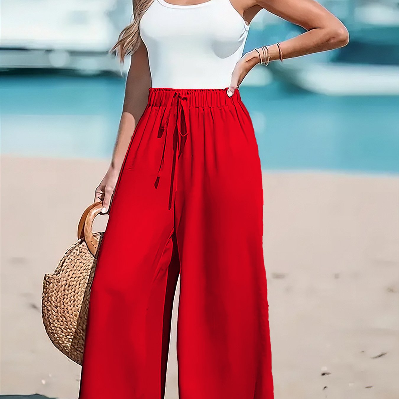 Plus Size Women's Emerald Green Wide-Leg Pants Elastic Waist Beach Vacation Wear