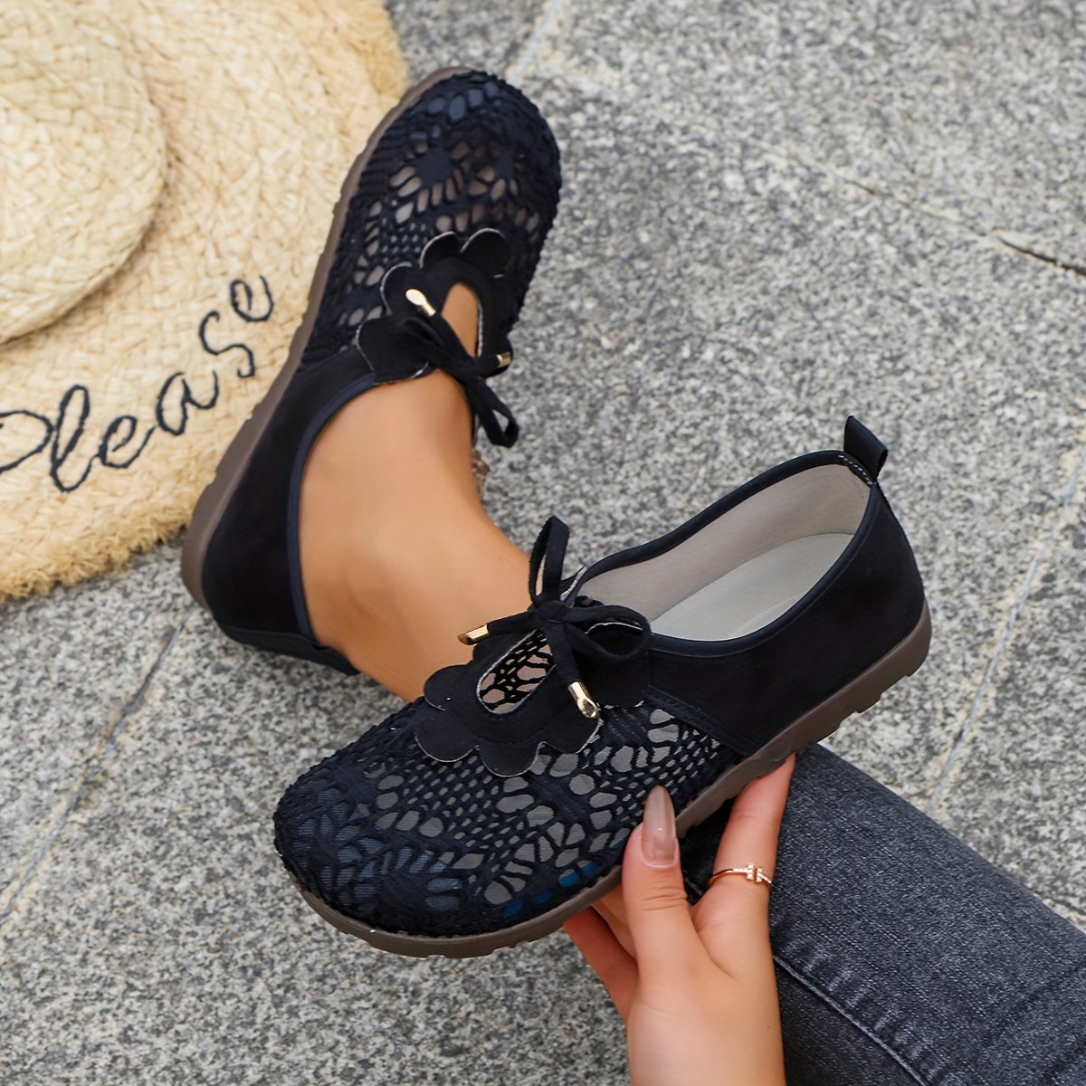 Women's Breathable Mesh Summer Shoes Openwork Slip-On Black Casual Footwear