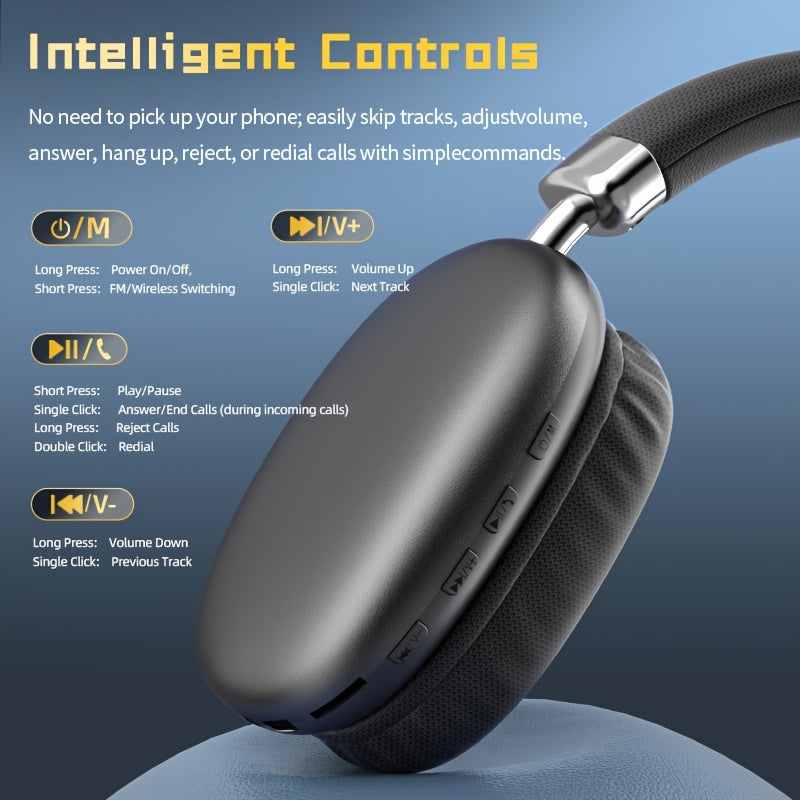 Wireless Over-Ear Headphones Sound Isolation Tangle-Free Cable Microphone Volume Control Rechargeable Battery for Gaming