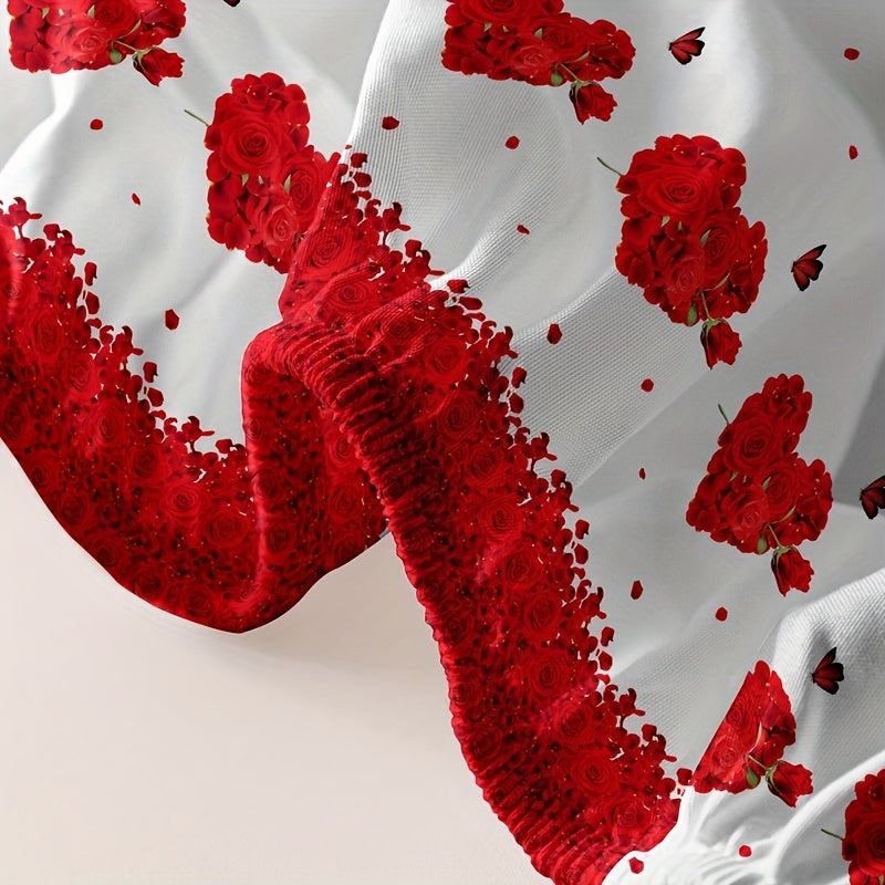 Fitted Sheet with Romantic Rose and Heart Print Deep Pockets Easy Wash for Bedroom Guest Room