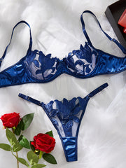 Women's Floral Embroidery Semi Sheer Lingerie Set with Bra and Thong