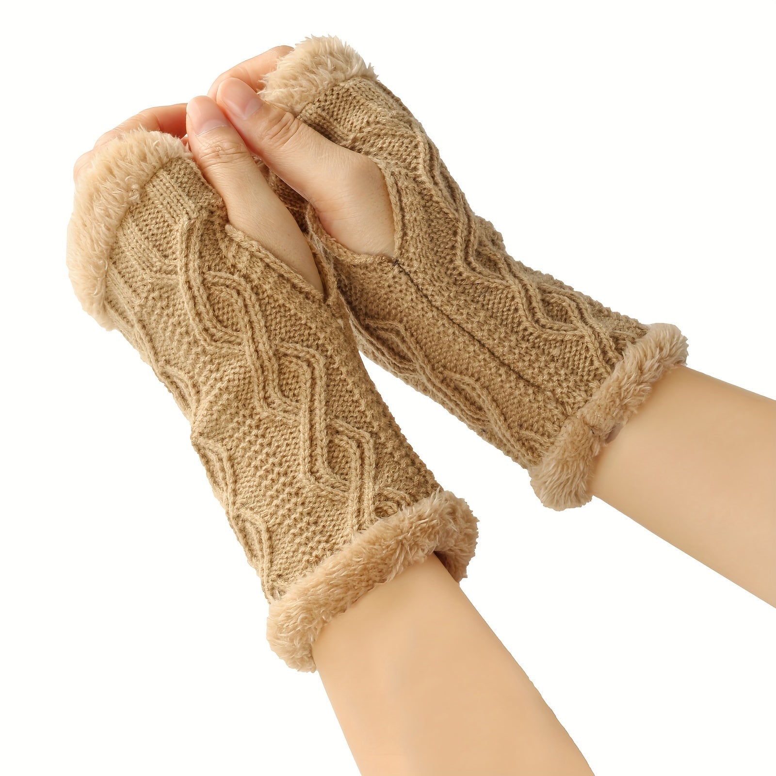 Solid Color Twist Knit Fingerless Gloves with Velvet Lining for Winter Warmth
