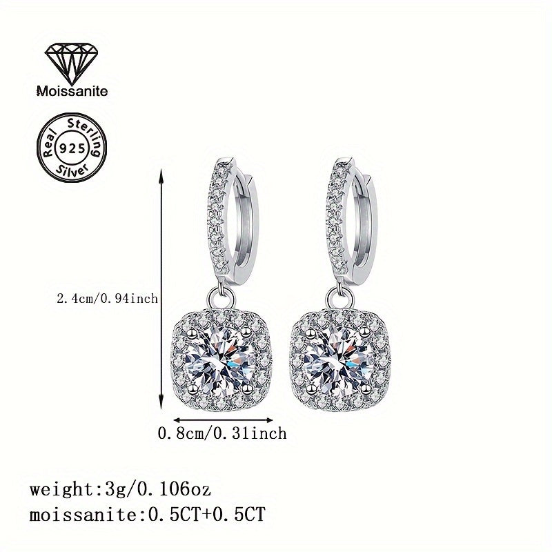 White Moissanite Drop Earrings 1 Carat Sterling Silver Square Pendant Jewelry