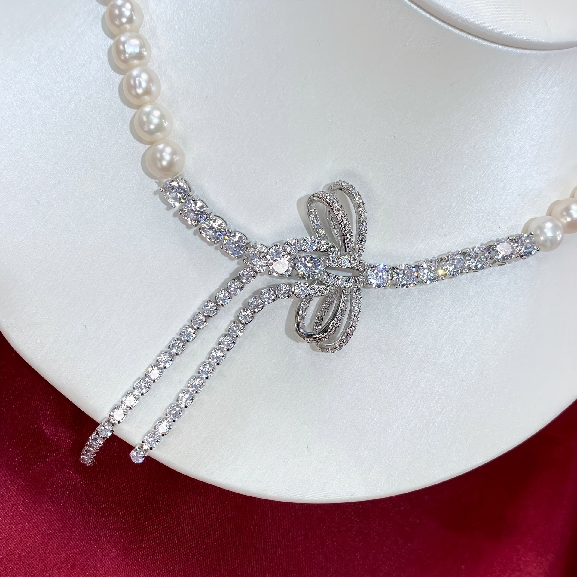 Pearl Necklace with Cubic Zirconia Bow for Weddings and Special Events